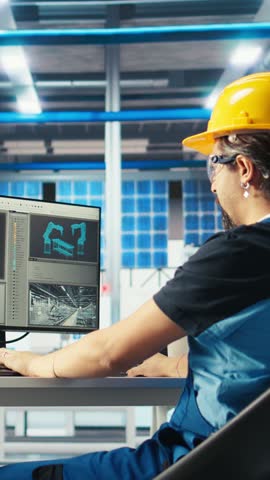 Vertical video Photovoltaics factory specialist building models of renewable energy generators. Solar panels manufacturing plant technician building environmentally safe solar cells, camera A