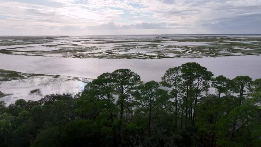 high aerial of coast and marshlands near fripp island and beaufort sc, south carolina