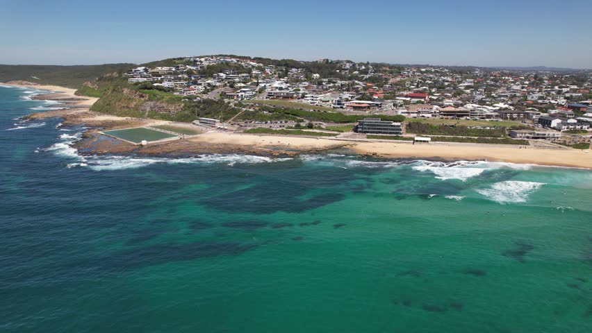 Merewether Ocean Baths And Beach In New South Wales, Australia - Aerial Shot