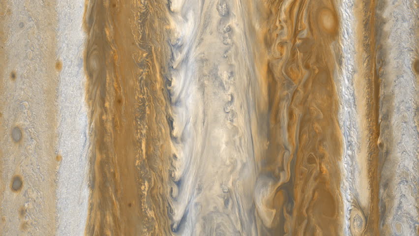 Surface of Planet Jupiter with Gases and Clouds Swirling like Liquid as Strong Winds and Storms Gather Beneath Largest World in Solar System. High Quality 3D Animation ProRes 4K.