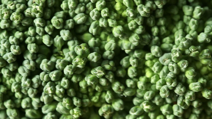 Details of a broccoli floret with a dolly move from the right.