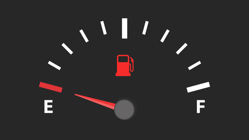Fuel gauge goes down from full to empty animation with gas level indicator and a red warning