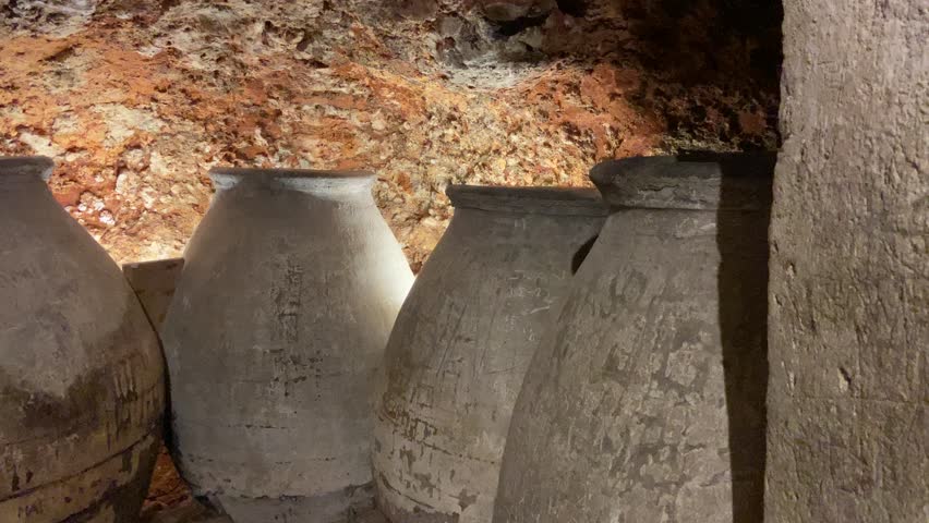 Ancient earthenware jars for storing wine in a cave in a Spanish village