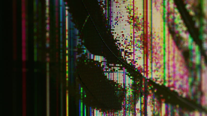 Defective screen. Broadcasting problem. Color lattice surface with chaotic splits. Bad quality image with black defocused shapeless glitch dead spot.