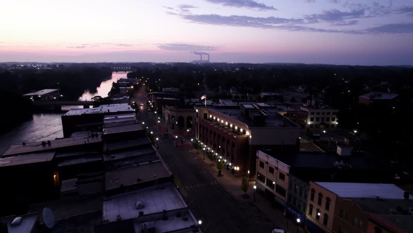 Monroe city in Michigan at the banks of River Raisin. Aerial