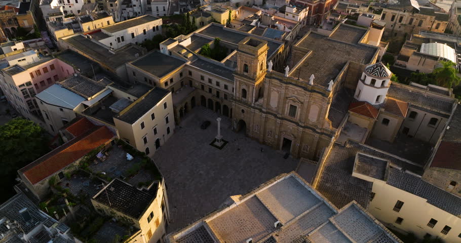 Sunrise At Brindisi Port City On The Adriatic Sea In Apulia Region, Italy. Aerial Drone Shot