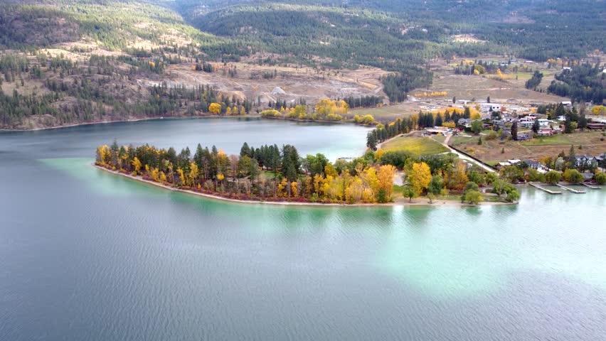 Beautiful British Columbia Interior. Autumn Colors in the Okanagan. Kalamalka Lake, Kaloya Park, Oyama, Lakecountry, BC, Canada. Drone Panorama View. Contrasting Colourful Turquoise Blue Water