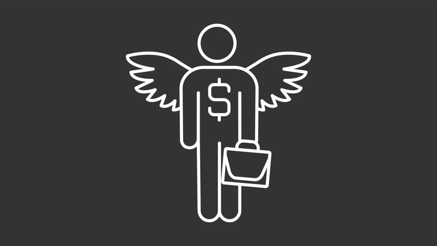 Angel investor white line animation. Business investment animated icon. Scaling dollar, moving wings. Finance, money. Isolated illustration on dark background. Transition alpha video. Motion graphic