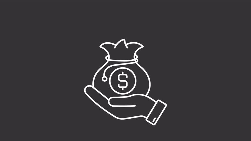 Investment white line animation. Financial support animated icon. Shaking hand. Jumping money bag. Business management. Isolated illustration on dark background. Transition alpha video. Motion graphic
