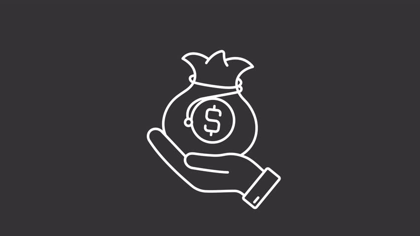 Investment white line animation. Financial support animated icon. Shaking hand. Jumping money bag. Business management. Isolated illustration on dark background. Transition alpha video. Motion graphic