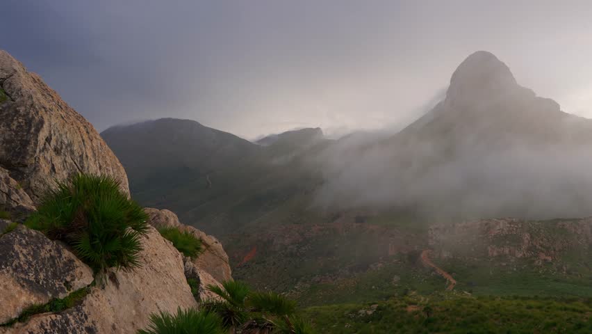 Mountain view of Monte Monaco in San Vito Lo Capo, Sicily, surrounded by mist