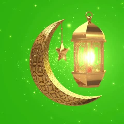 Ramadan Golden Moon and Lantern beautiful animation Islamic lantern brighten, Moon and starts hanging in cloudy sky green screen, space for you message Ramadan Template chroma key background. Eid 