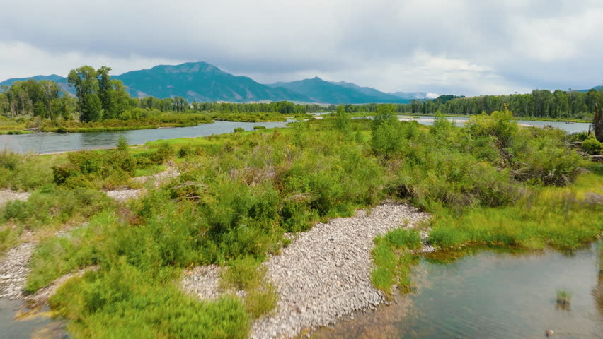 The Snake River meanders through a beautiful mountain valley on a sunny summer day, surrounded by lush greenery and towering peaks, creating a serene, picturesque landscape.