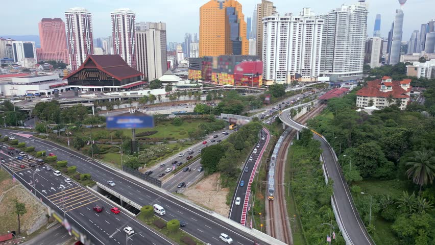 Aerial view of morning traffic on highways in Kuala Lumpur, Malaysia