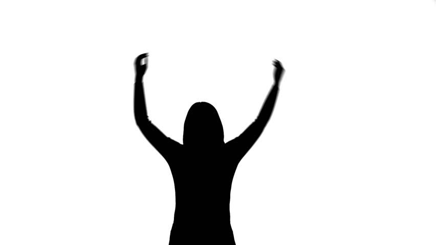 Silhoutted young woman clapping. Black and white mid shot (MS) isolated on white