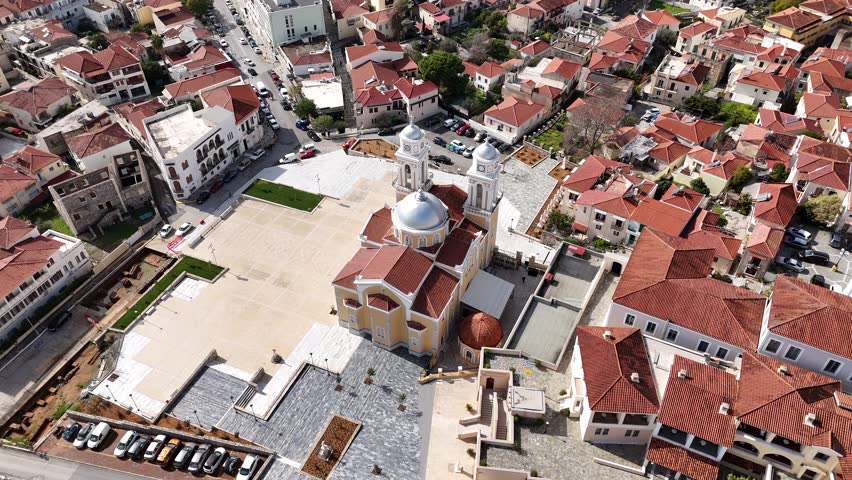 Aerial view of the Metropolitan Cathedral of Ypapanti a historic religious landmark of Kalamata in Peloponnese Greece.