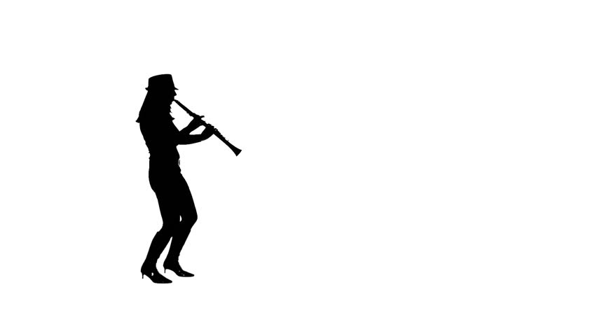Young woman plays the clarinet in a white studio. Black and white silhouette,