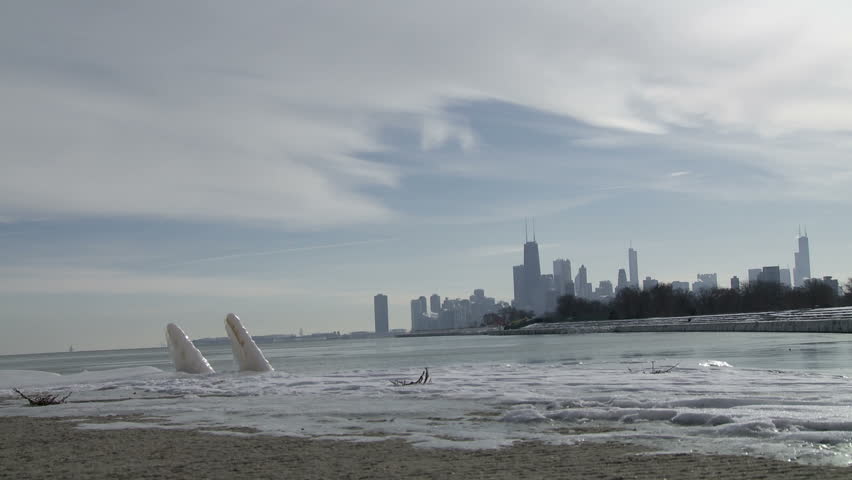Chicago in winter, viewed from the north side with part of Lake Michigan and