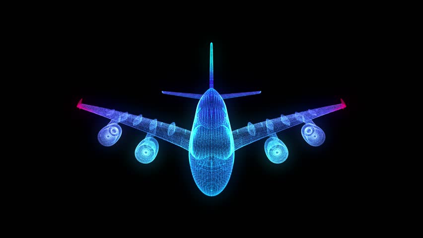 Airplane model in motion, lines and points connected to 3d form.