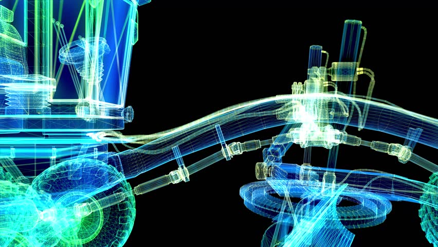 Grader. Model tractor in motion, lines and points connected to 3d form.