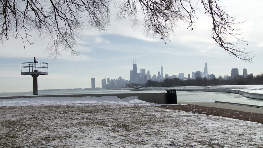 Chicago in winter, viewed from the north side with part of Lake Michigan and