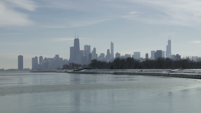 Chicago in winter, viewed from the north side with part of Lake Michigan in the