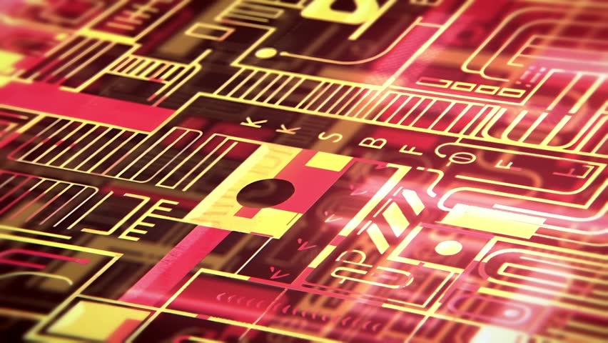 Futuristic isometric high-tech cyberpunk digital circuit board sci-fi pattern texture seamless looped animated background with glowing red and yellow design - Powered by Shutterstock - Get 15% off with code: PIKWIZARD15
