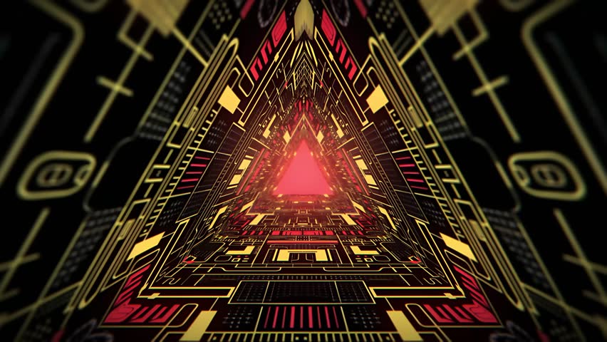Futuristic triangle cyber tunnel with glowing circuit patterns in red and yellow. Hi-tech digital corridor, perfect for sci-fi, AI, and virtual reality themes.