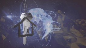 House-shaped keychain over digital globe with swirling data lines animation. Futuristic, technology, cybersecurity, network, connectivity, innovation - Powered by Shutterstock - Get 15% off with code: PIKWIZARD15