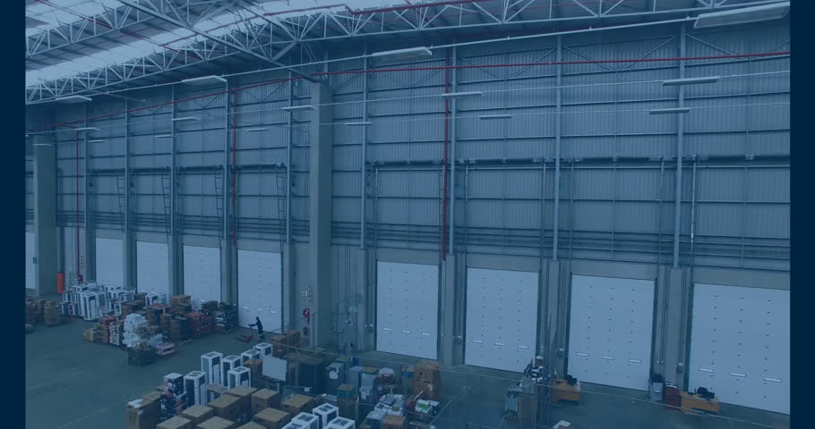 Warehouse with digital data animation overlaying logistics and inventory information. automation, technology, shipment, supply chain