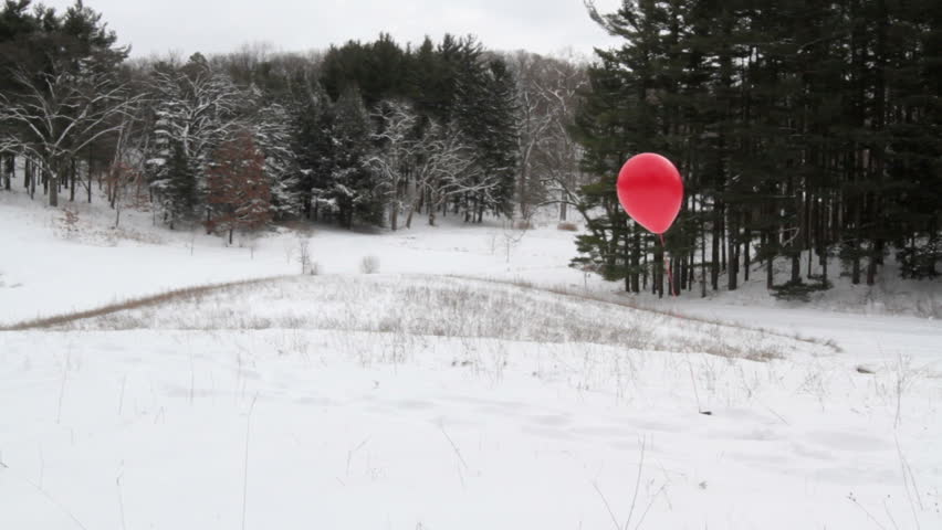Red helium balloon in a snow landscape with evergreen trees in background.