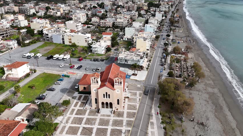 Aerial shot of Anastasi Church in Kalamata city, Greece