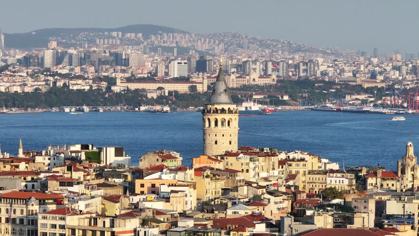 Galata Tower above historic rooftops, with the Bosphorus and modern skyline in Istanbul, oe01