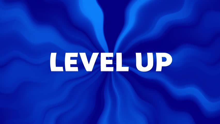 Video animation of level up title animation in white on a black background - seamless loop. Suitable for gaming