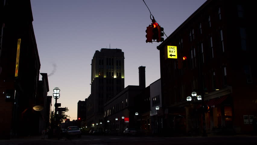Dawn breaking over the city of Ann Arbor, Michigan, USA. Timelapse.