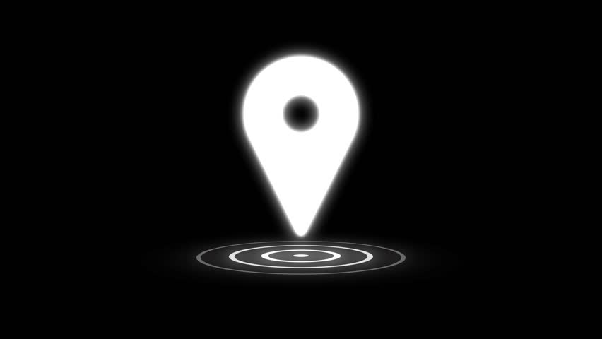 Location indicator and location icon animation. GPS icon in white color on black screen background. location pin mark, Address icon, white pin point, map pin, goggle map location icon, 4k video.