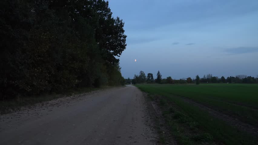 A rural road stretches towards the half moon during the blue hour of twilight. The road winds through a quiet countryside landscape, bordered by fields and silhouetted trees. The zoom-in view scene.