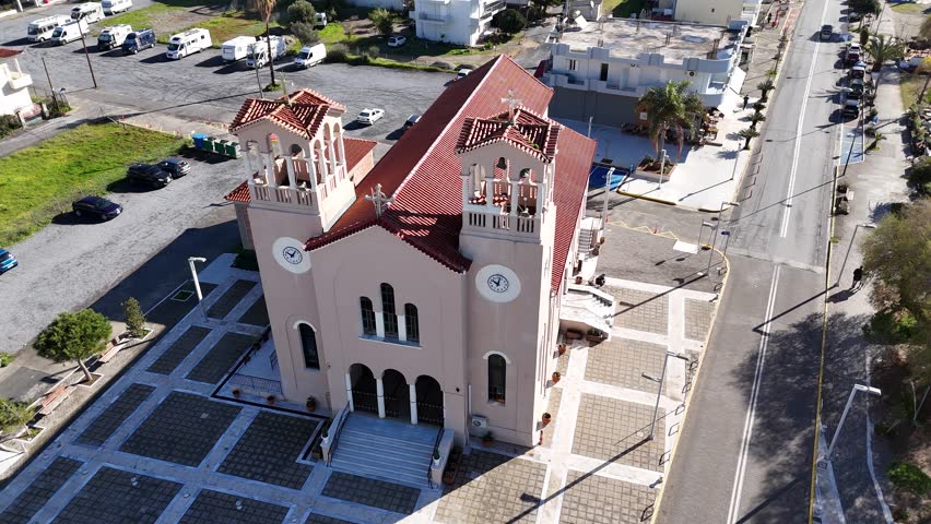 Aerial shot of Anastasi Church during a sunny day, in Kalamata city, Greece