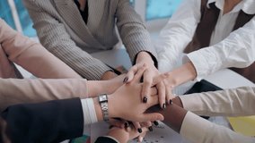 Top view happy smiling multiethnic women females diversity team girls group coworkers businesswomen stack hands gesture put palms team friendship together unity partnership support success in office - Powered by Shutterstock - Get 15% off with code: PIKWIZARD15