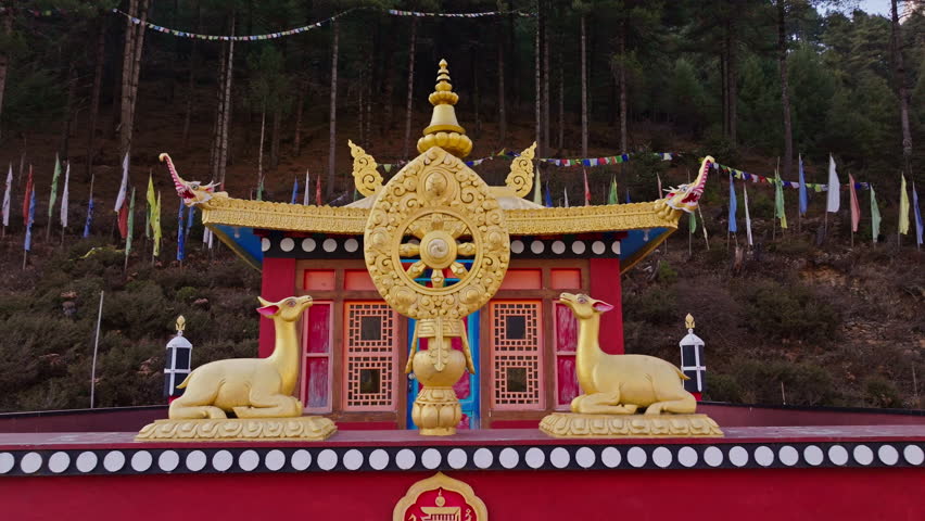 Scenic Monastery nestled at high altitude near Phakding village, overlooking Himalayan mountains and landscape with traditional Buddhist architecture