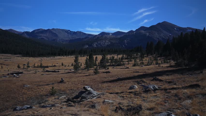 Tioga Pass plains Yosemite National Park West Portal entrance wilderness forest rugged rocky formation terrain California Lee Vining forest sunny blue sky Sierra Nevada Mountains nature landscape pan