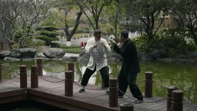 Two martial artists practicing Kung Fu in a peaceful outdoor garden setting - Powered by Shutterstock - Get 15% off with code: PIKWIZARD15