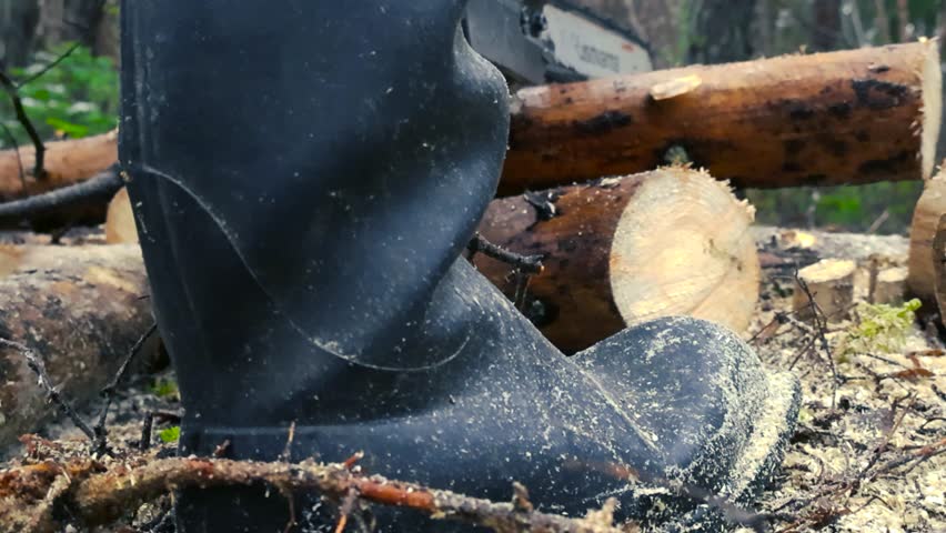 Low angle footage of a person with rubber boots using a chainsaw to cut through a timber or a log and make it into smaller pieces. Cutting creates saw dust and wood chips that fly in slow motion.
