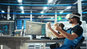 Photovoltaics factory engineer analyzing data using VR headset, reviewing system health. Solar panels plant employee troubleshooting issues using virtual reality tech, diagnosing faults, camera A - Powered by Shutterstock - Get 15% off with code: PIKWIZARD15