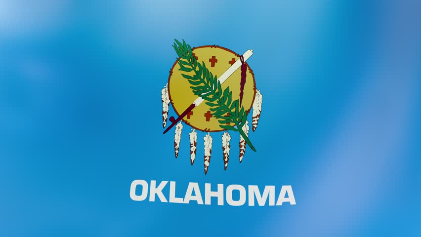 Seamless 3D loop of Oklahoma’s buffalo shield flag waving in wind. Vibrant 4K video for patriotic events, cultural exhibits, and educational content.