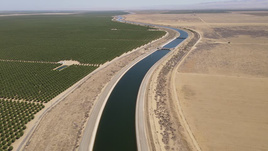 Aerial shot of one of the aqueducts running through California's Central Valley that supplies water to Los Angeles and Southern California.