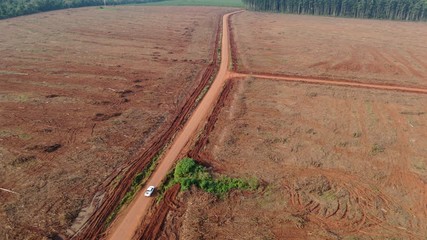 Aerial view of a white car driving on a dirt road surrounded by harvested lands without trees.