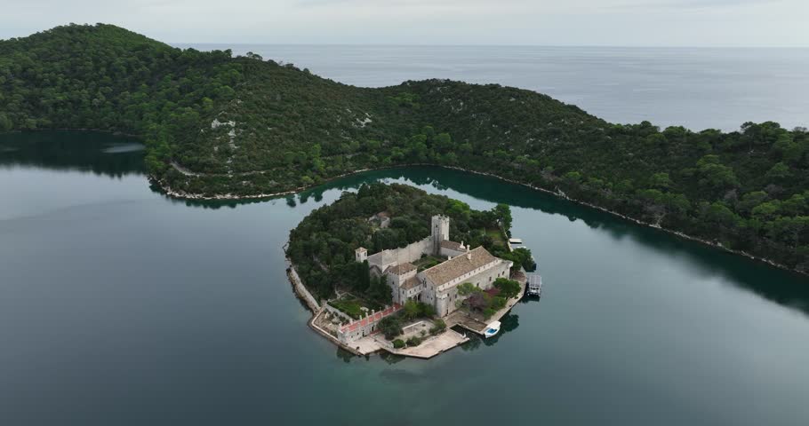 The Isle of Saint Mary monastery, Island Mljet surrounded by Adriatic sea, Drone view