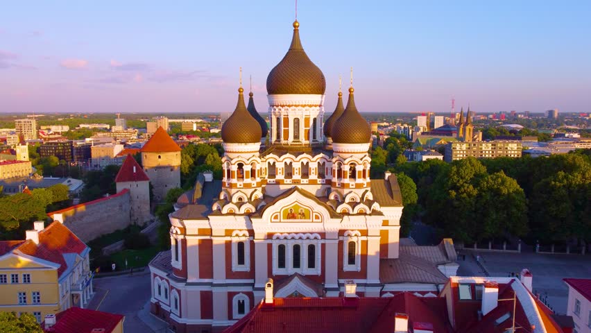 Alexander Nevsky Russian Orthodox Cathedral of Tallinn, Estonia. Aerial at sunset