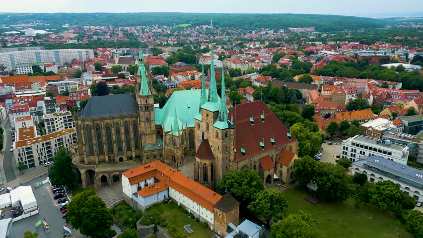 4K Aerial Drone Video of Beautiful St. Severi Church and Erfurt Cathedral in Downtown Erfurt, Germany
